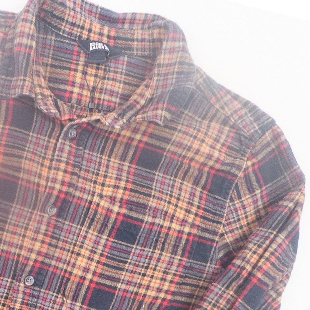 Eddie Bauer Mens Plaid Flannel Shirt Navy Red Mustard Medium Long Sleeve